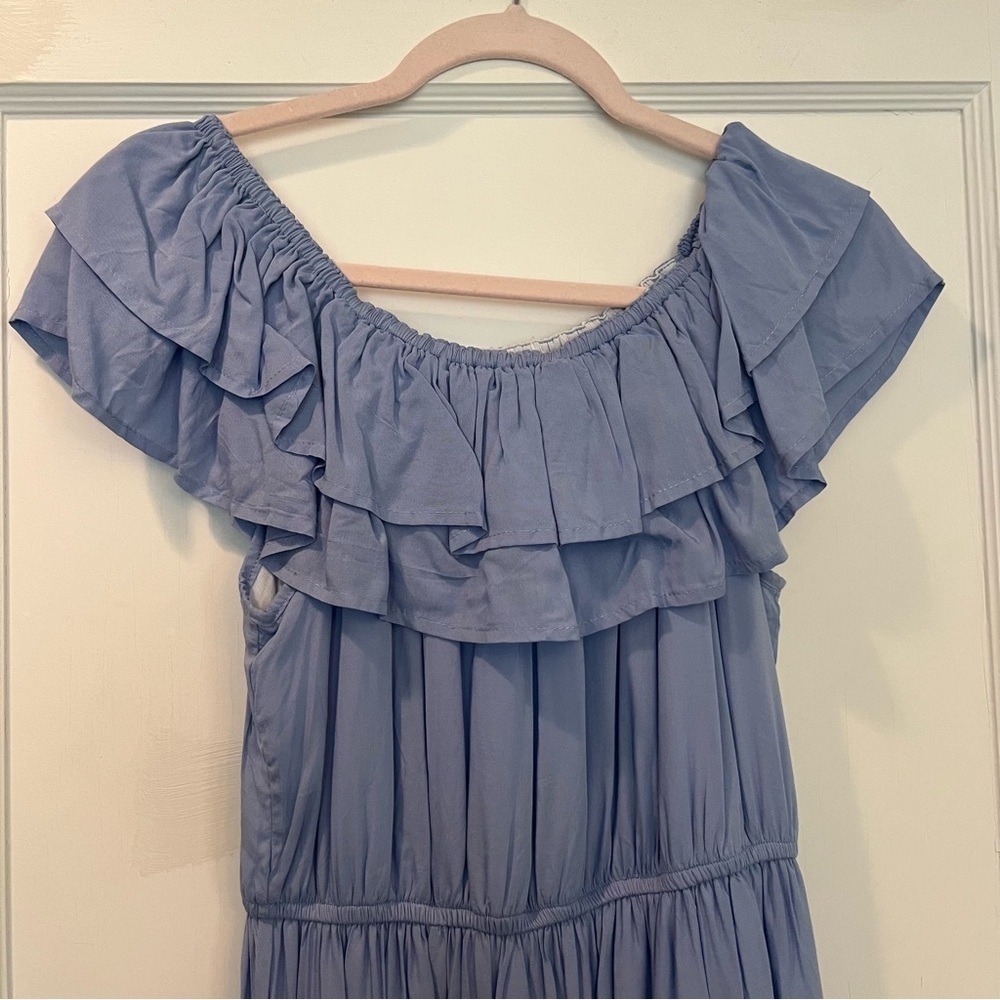 Off-Shoulder Light Blue Ruffled Maxi Dress - Picture 7 of 8